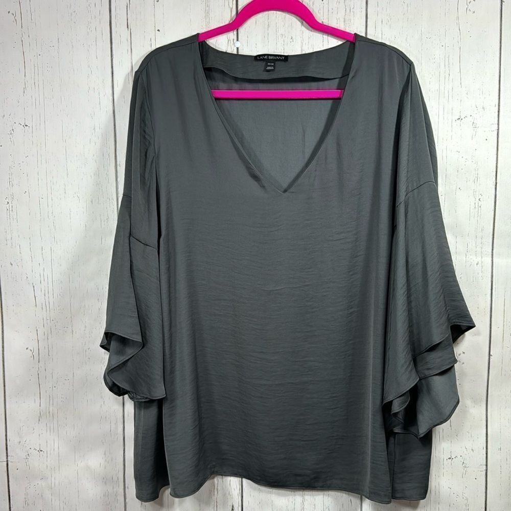 Lane Bryant Womens V Neck Bell Sleeve Dark Gray Casual Lightweight Blouse